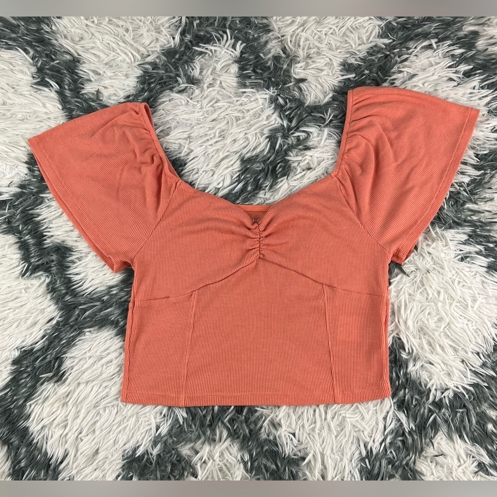 American Eagle Women’s Coral Cinch Front Flutter Sleeve Crop Top Size Small